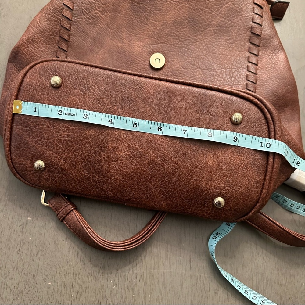 ALYSSA Faux Vegan Leather Whipstitch Brown Backpack New - Picture 10 of 13